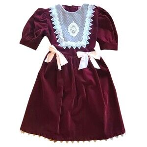 Vintage Pierre Lamonete Girls Burgundy Dress  Crochet Lace Bows Size 8